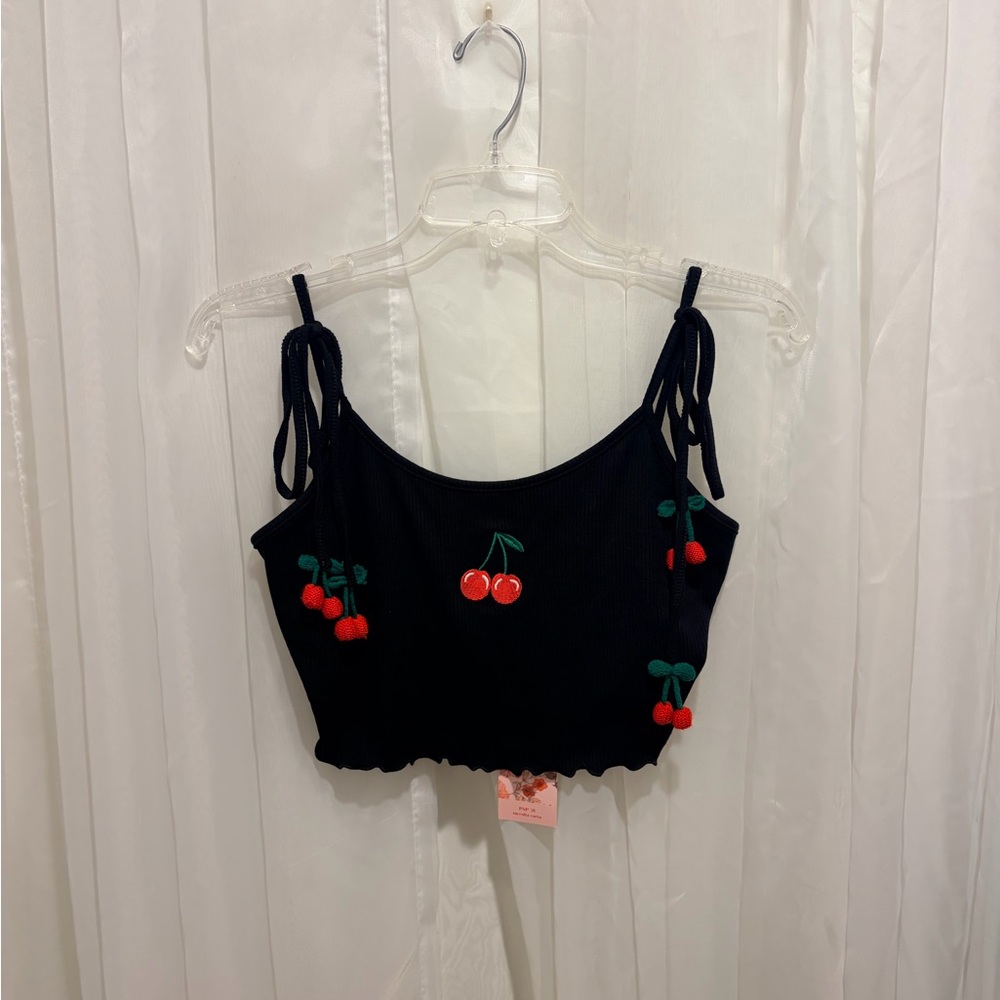 SHEIN Black Crop Top with Cherry Details size Large